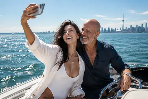 Illustrative image: a young woman taking a selfie with an older bearded man on a motorboat on Lake Ontario