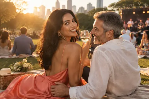 Illustrative image: a young woman in a coral dress laughing towards the camera at a golden-hour park picnic beside a grey-bearded man