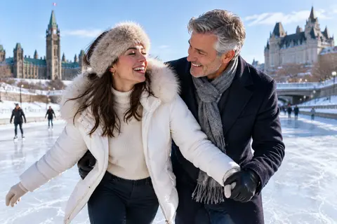 Illustrative image: a couple laughing as they skate hand in hand on the Rideau Canal in Ottawa on a sunny winter day