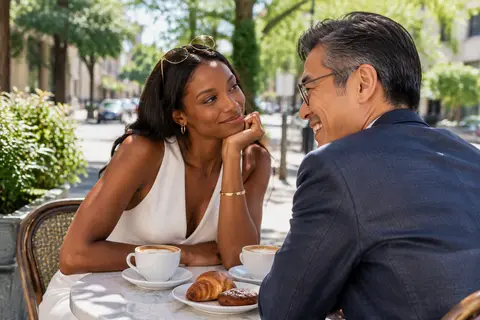 Illustrative image: a young woman in a white dress sizing up an older man in glasses at a sunny café table in Yorkville