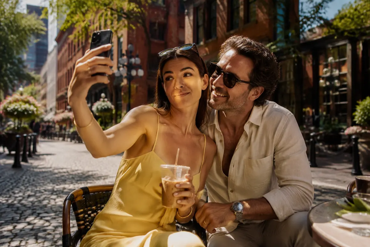 Illustrative image: a young woman in a yellow sundress raising a sceptical eyebrow at her phone on a sunny Gastown patio