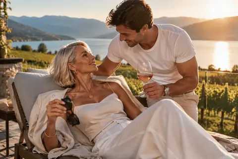 Illustrative image: an elegant woman in her fifties on a vineyard terrace watching a younger man bring her a glass of rosé