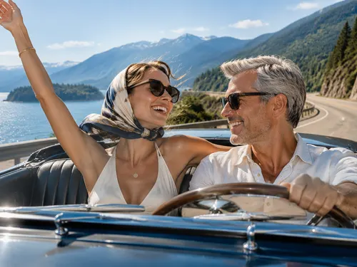 An open-top car on a coastal weekend drive
