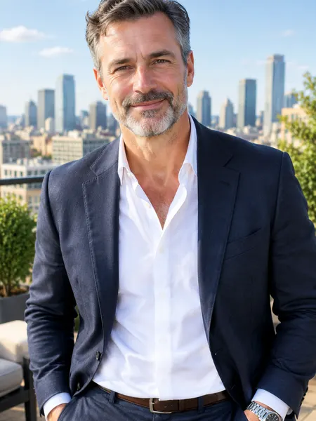 Illustrative photo of a grey-bearded man in a tailored suit, outdoors
